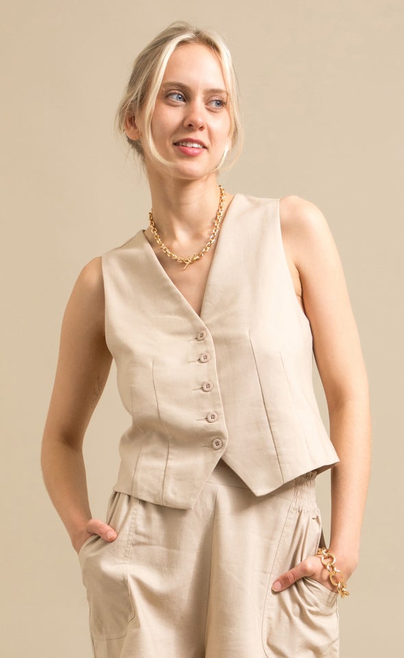 Linen Look Waistcoat Natural