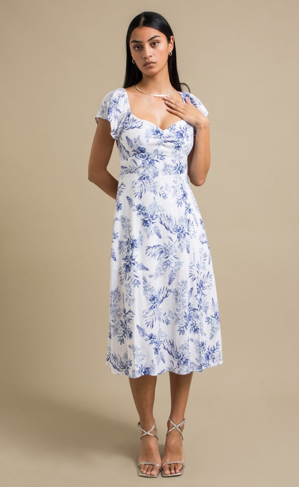 Linen Sweetheart Detail Midi Dress Cream/blue Floral