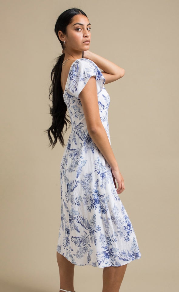 Linen Sweetheart Detail Midi Dress Cream/blue Floral