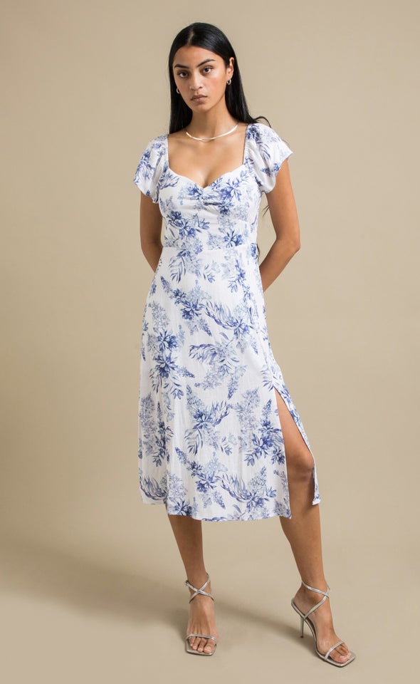 Linen Sweetheart Detail Midi Dress Cream/blue Floral