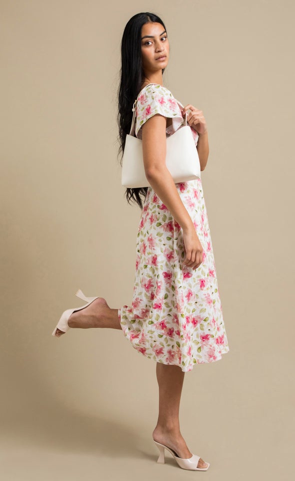 Linen Sweetheart Detail Midi Dress Cream/pink Floral