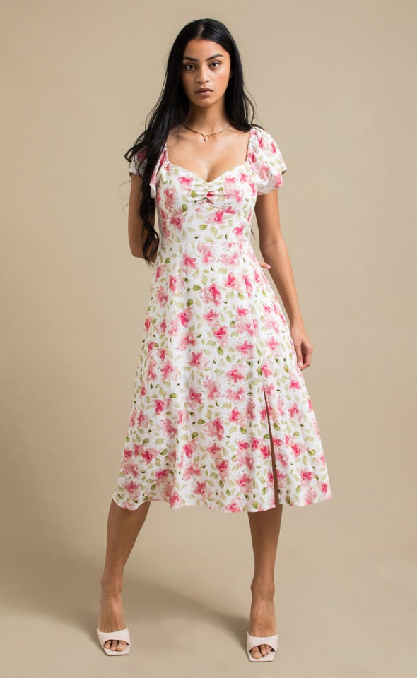 Linen Sweetheart Detail Midi Dress Cream/pink Floral