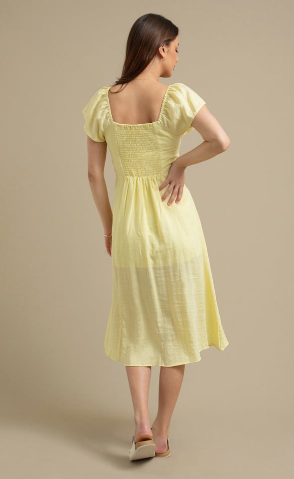 Linen Sweetheart Detail Midi Dress Lemon