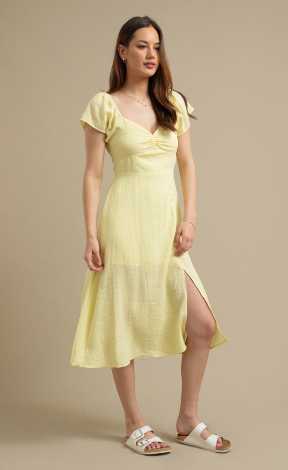 Linen Sweetheart Detail Midi Dress Lemon