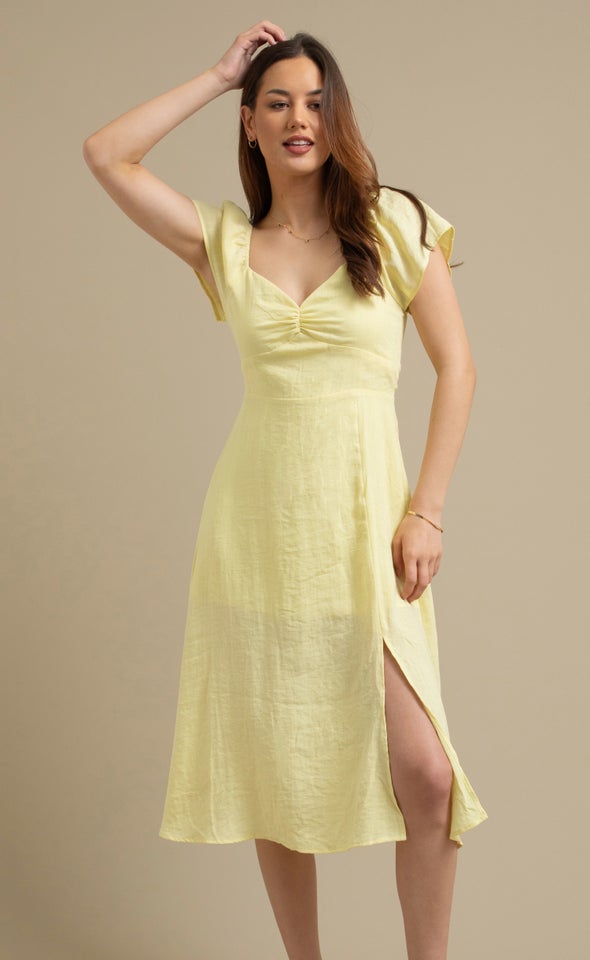 Linen Sweetheart Detail Midi Dress Lemon