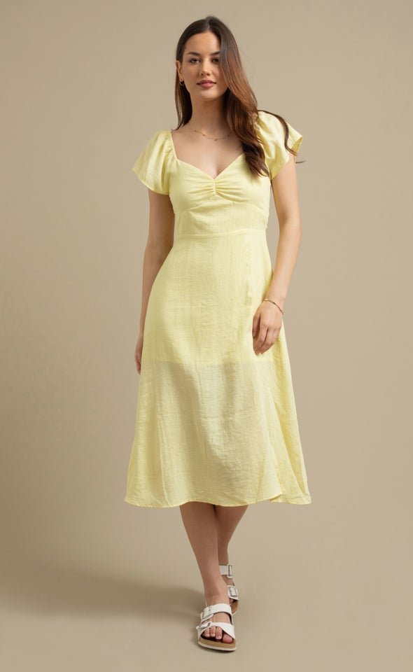 Linen Sweetheart Detail Midi Dress Lemon