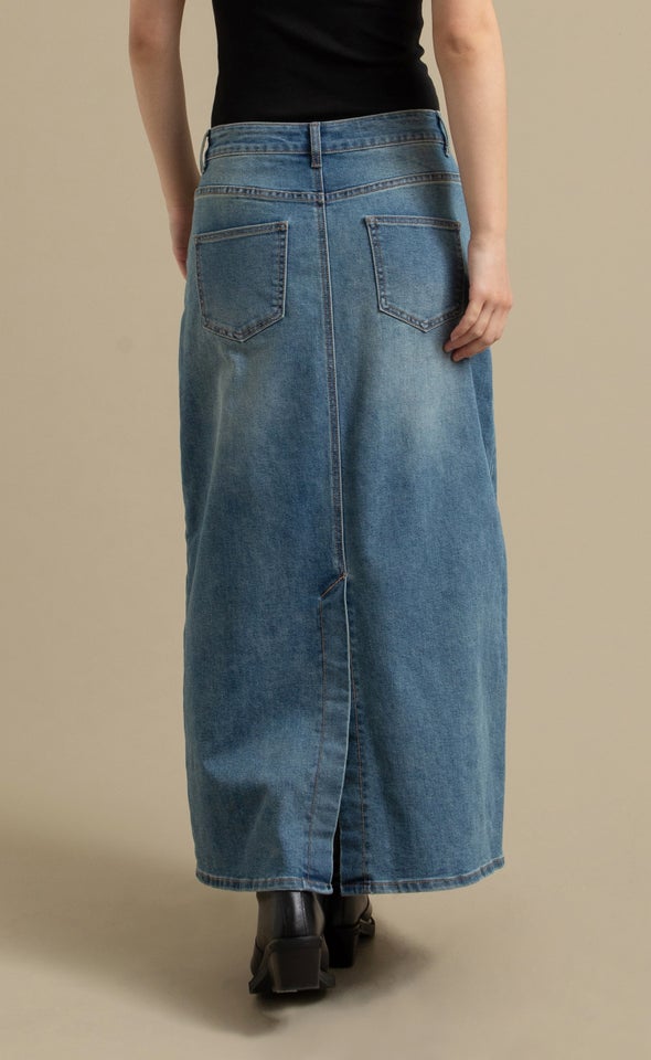 Long Denim Skirt with Back Split Blue