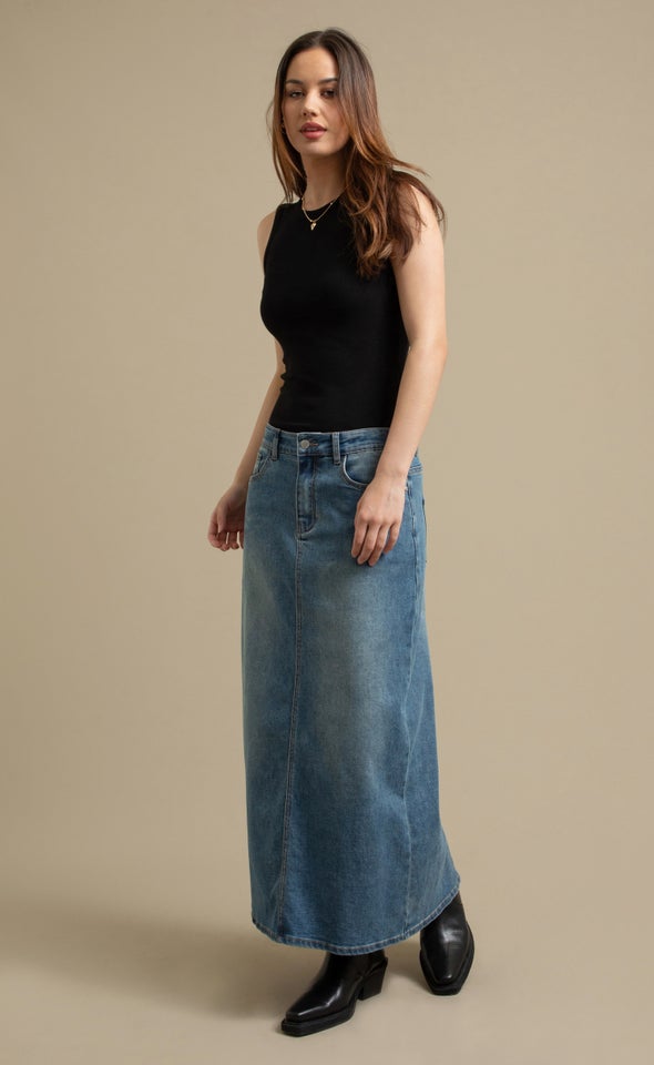 Long Denim Skirt with Back Split Blue