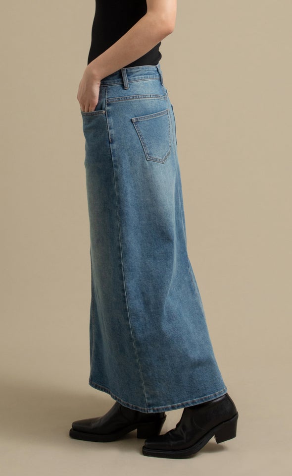 Long Denim Skirt with Back Split Blue