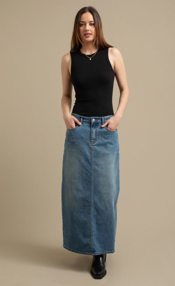 Long Denim Skirt with Back Split Blue