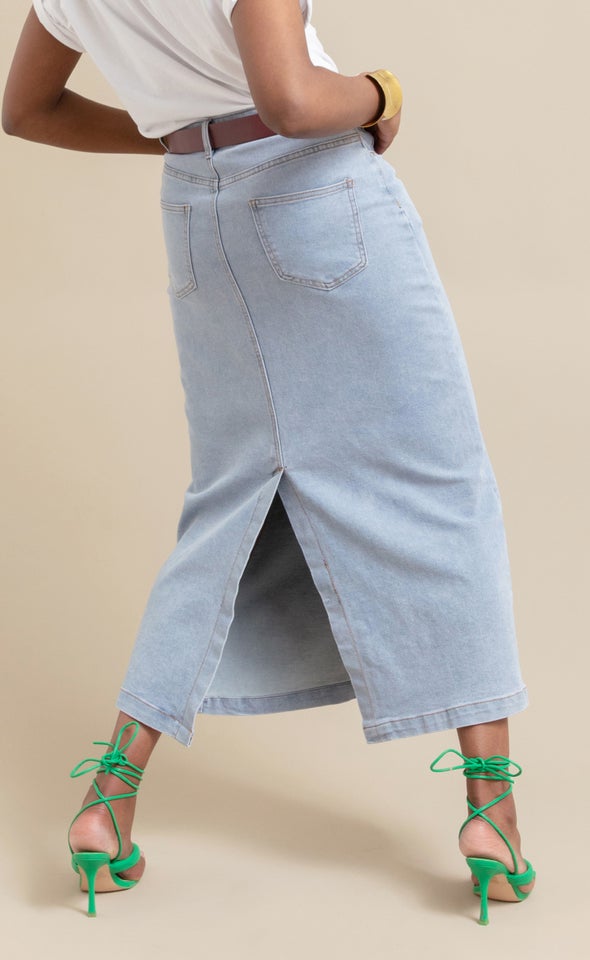 Long Denim Skirt With Back Split Light Blue