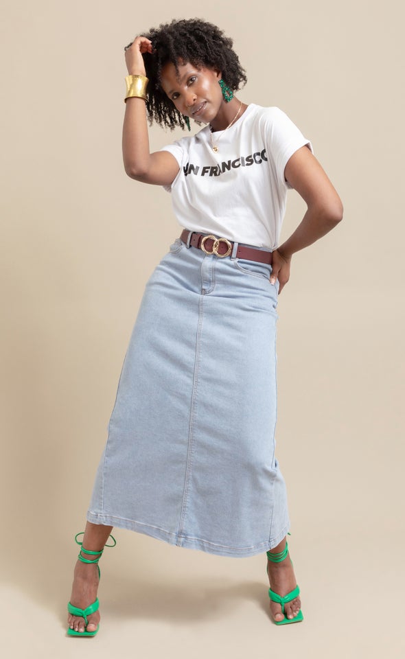 Long Denim Skirt With Back Split Light Blue