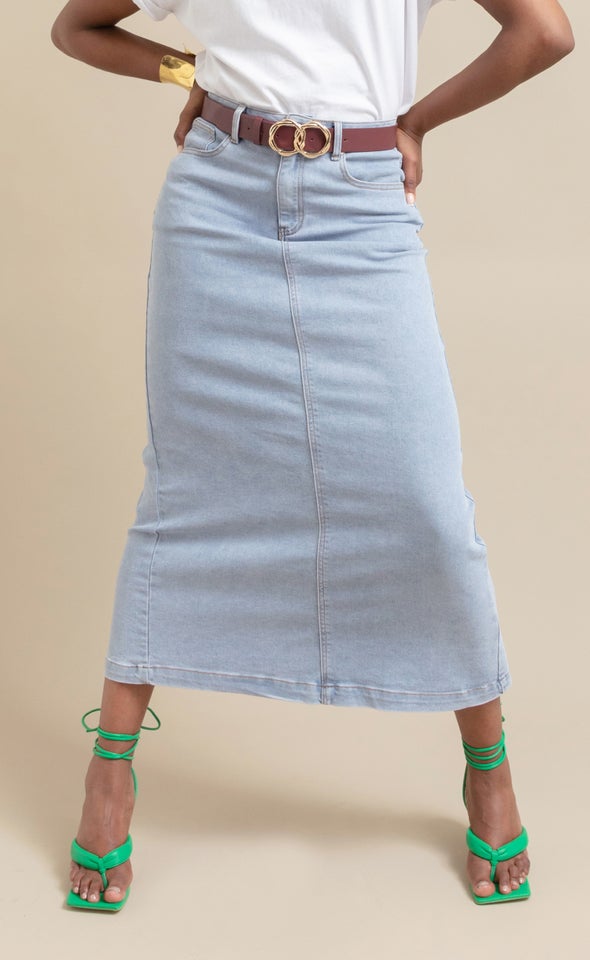 Long Denim Skirt With Back Split Light Blue