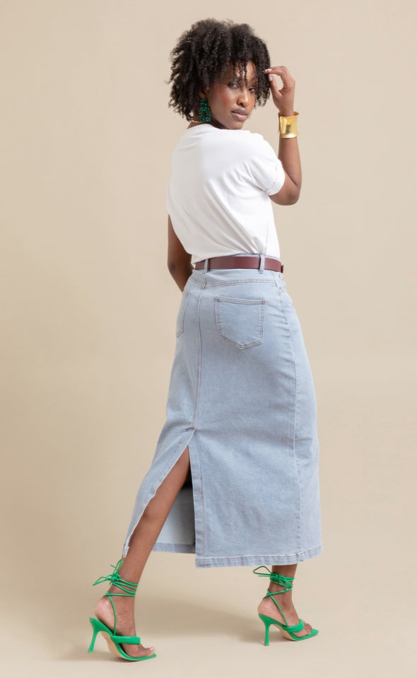 Long Denim Skirt With Back Split Light Blue