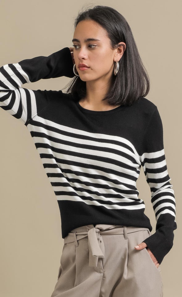 Long Sleeve Striped Sweater Blk/white