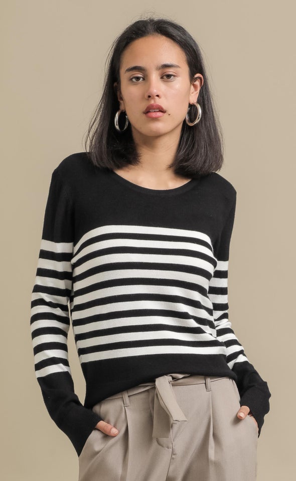 Long Sleeve Striped Sweater Blk/white