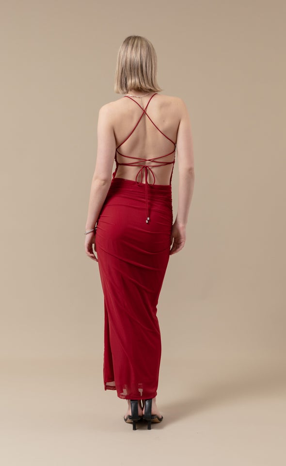 Mesh Cross Back Gown Red Wine