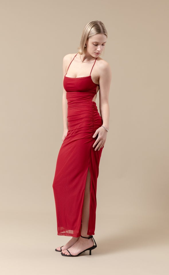 Mesh Cross Back Gown Red Wine