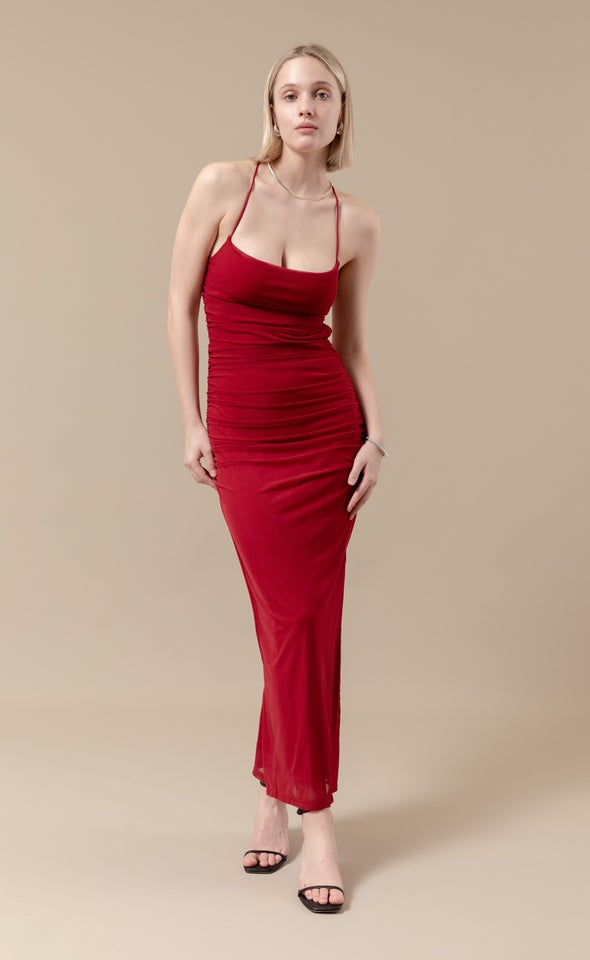 Mesh Cross Back Gown Red Wine