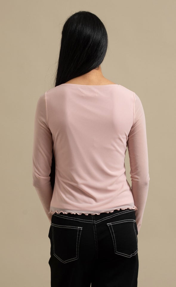 Mesh LS Boat Neck Top Blush