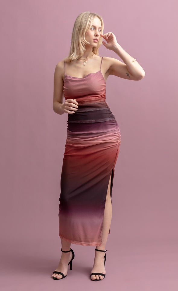 Mesh Ruched Maxi Ombre Rust