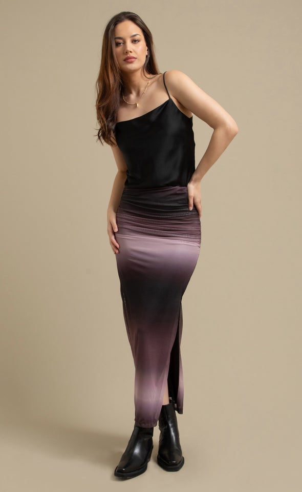 Mesh Ruched Maxi Skirt Ombre Chocolate