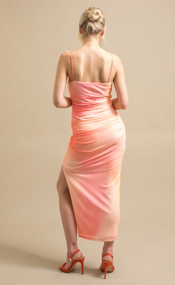 Mesh Ruched Maxi Tie Dye/orange