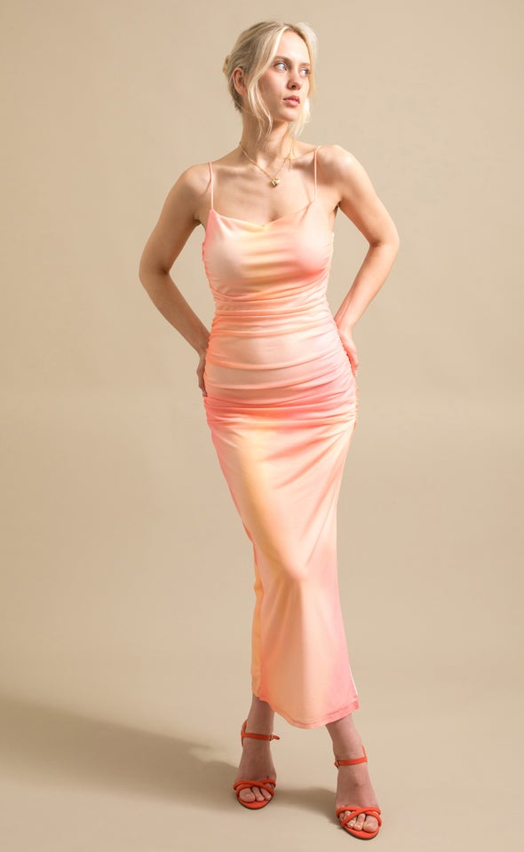 Mesh Ruched Maxi Tie Dye/orange