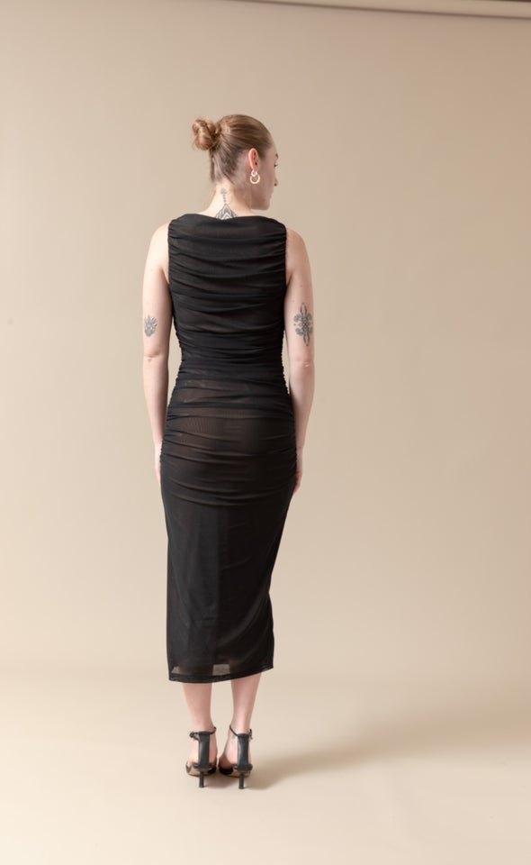 Mesh Ruched Midi Dress Black/natural