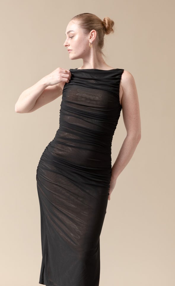 Mesh Ruched Midi Dress Black/natural