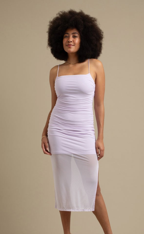 Mesh Ruched Midi Dress Lilac