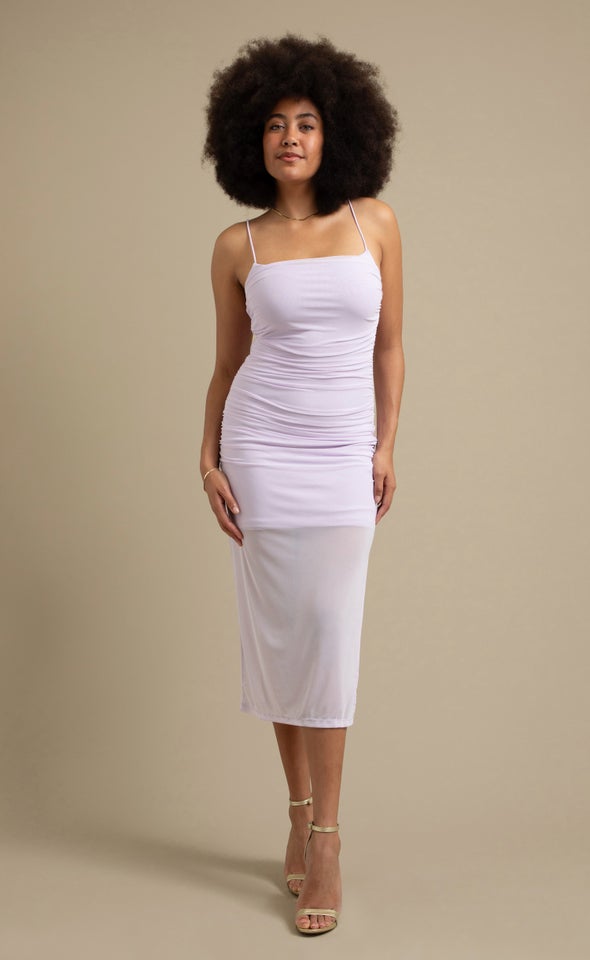 Mesh Ruched Midi Dress Lilac