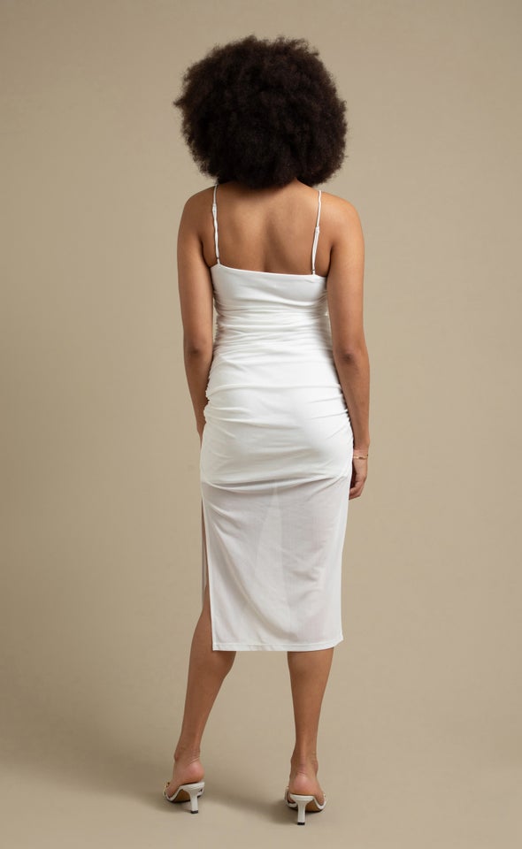 Mesh Ruched Midi Dress White