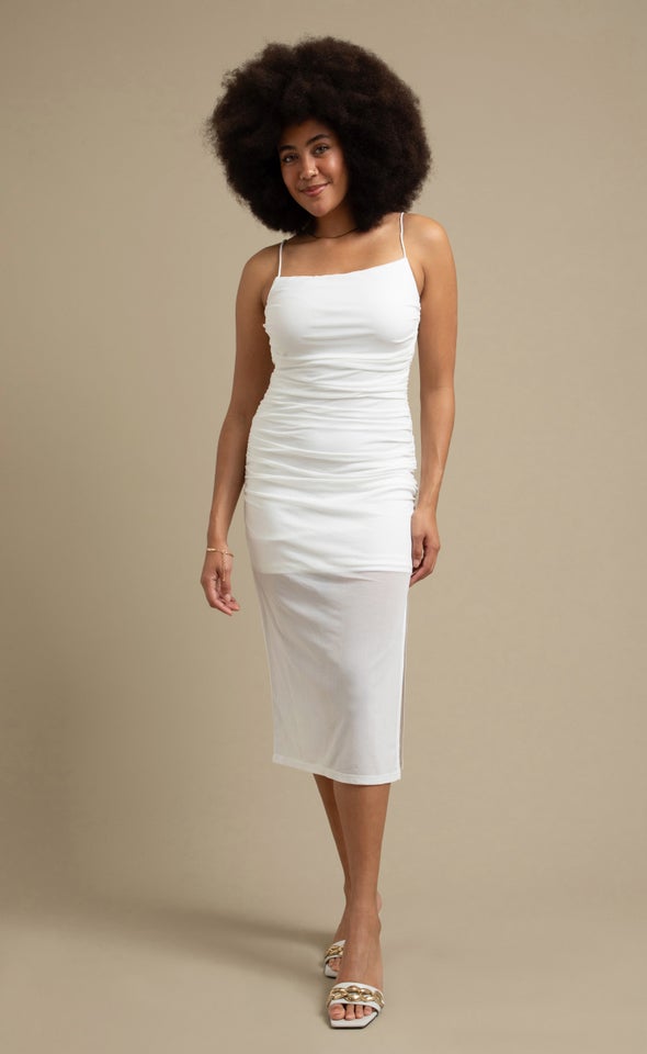 Mesh Ruched Midi Dress White