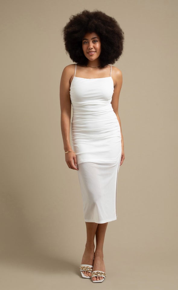 Mesh Ruched Midi Dress White