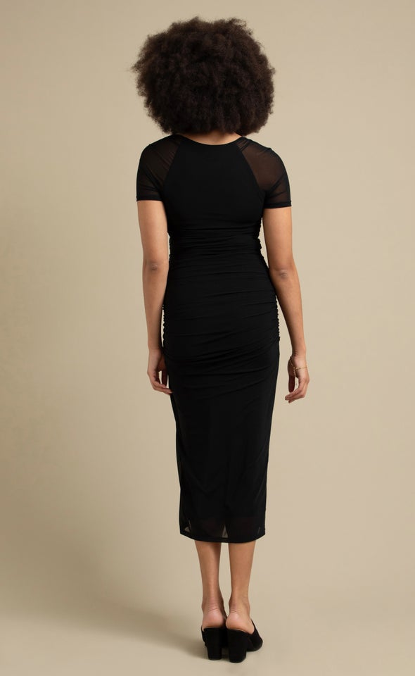 Mesh Ruched SS Midi Dress Black