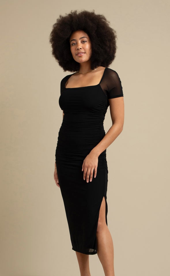 Mesh Ruched SS Midi Dress Black