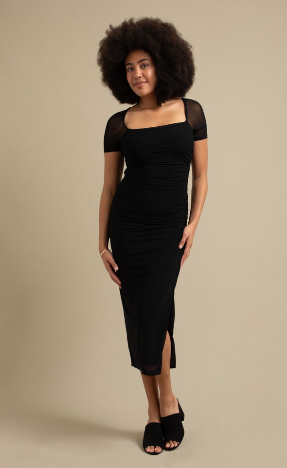 Mesh Ruched SS Midi Dress Black