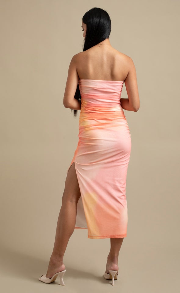 Mesh Ruched Strapless Dress Tie Dye/orange