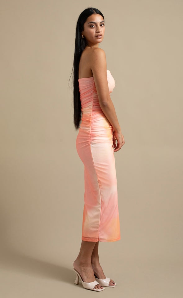 Mesh Ruched Strapless Dress Tie Dye/orange