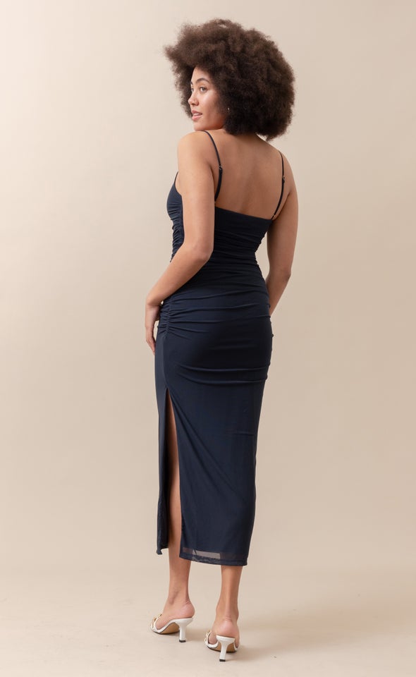 Mesh Strappy Ruched Slip Gown Ink