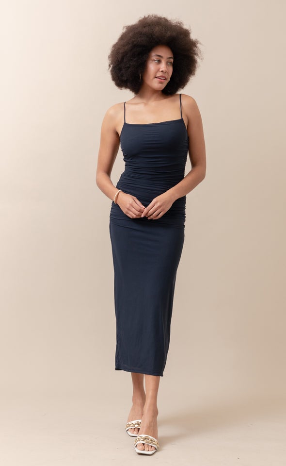 Mesh Strappy Ruched Slip Gown Ink