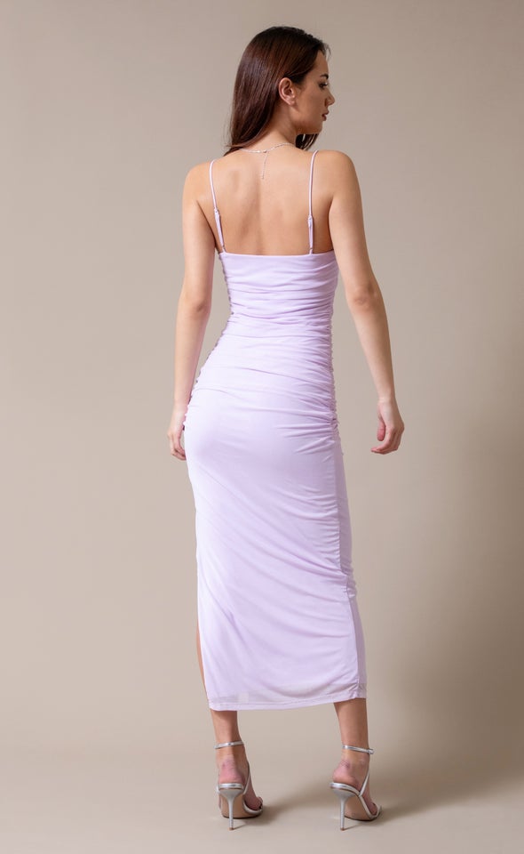 Mesh Strappy Ruched Slip Gown Lilac