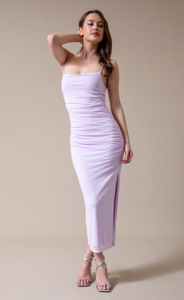 Mesh Strappy Ruched Slip Gown Lilac