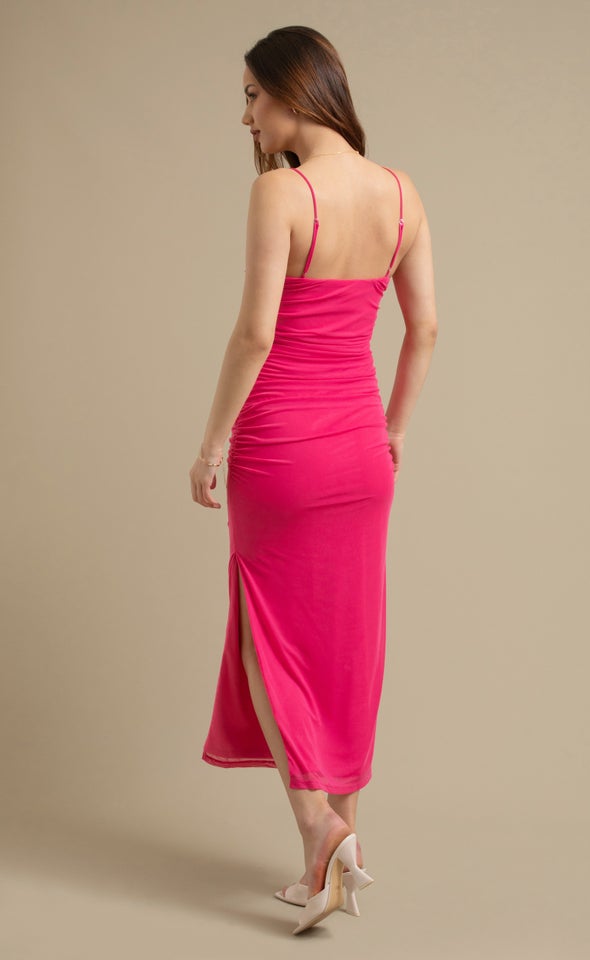 Mesh Strappy Ruched Slip Gown Pink