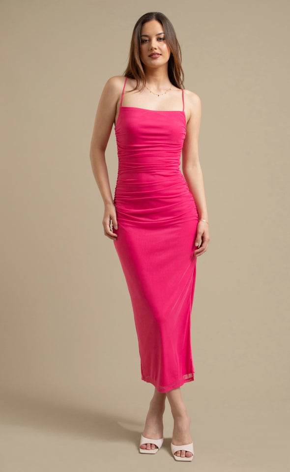 Mesh Strappy Ruched Slip Gown Pink