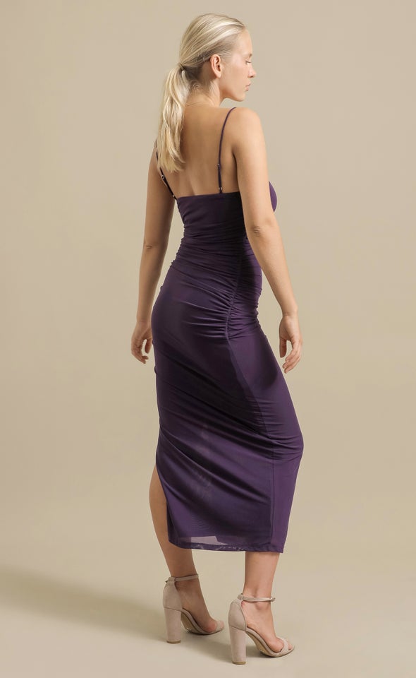 Mesh Strappy Ruched Slip Gown Purple