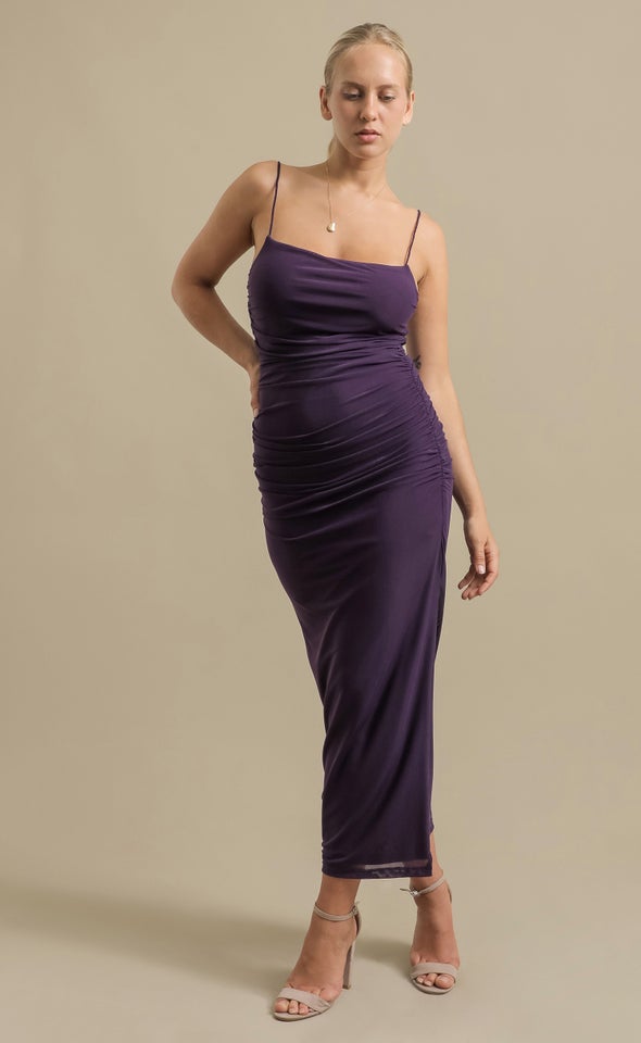 Mesh Strappy Ruched Slip Gown Purple