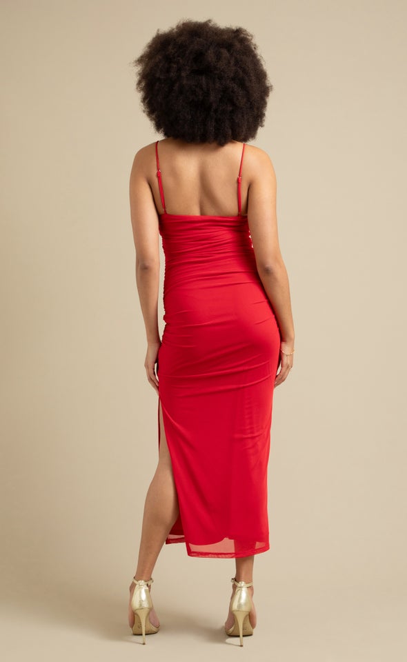 Mesh Strappy Ruched Slip Gown Red