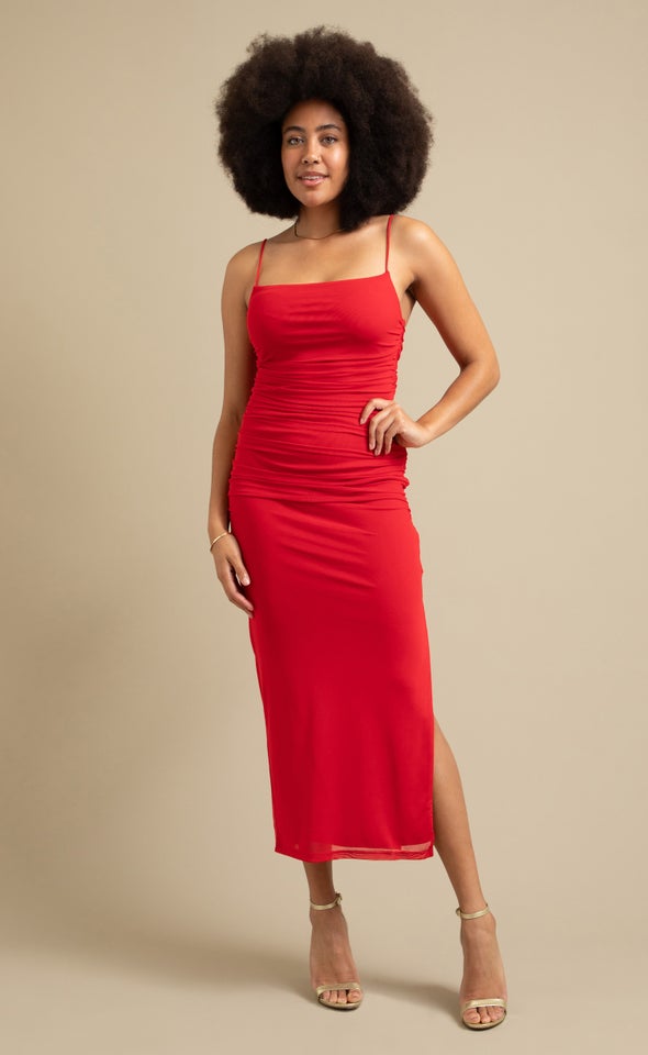 Mesh Strappy Ruched Slip Gown Red